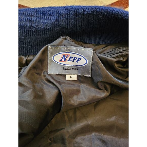 Neff letterman Varsity Letter Jacket Wool Blend Snap Button Blue White "T" Sz L - Picture 3 of 5